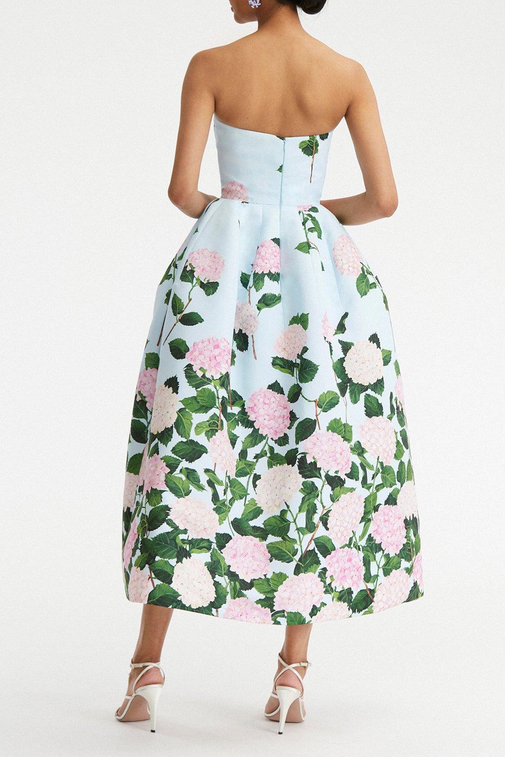 OSCAR DE LA RENTA-Strapless Hydrangea Faille Tea Dress-BLU/PINK