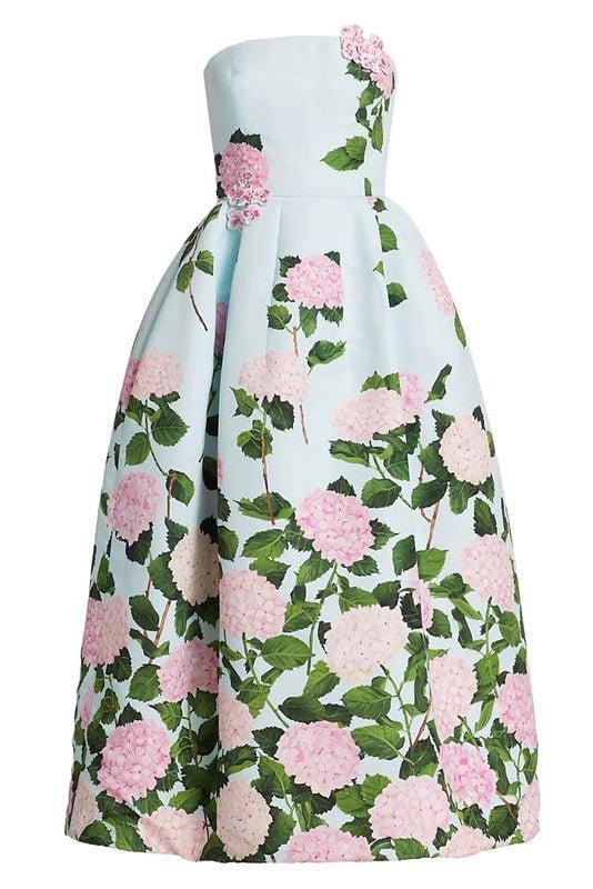 OSCAR DE LA RENTA-Strapless Hydrangea Faille Tea Dress-BLU/PINK