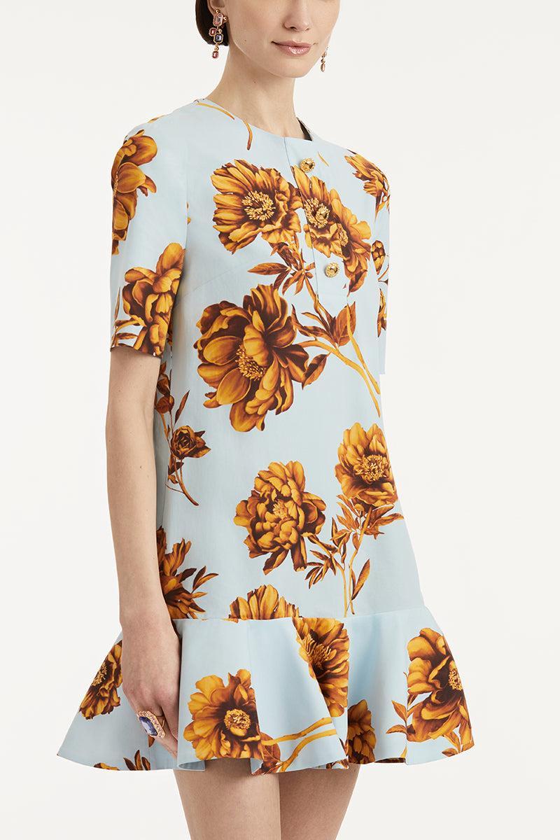 Tonal Peony Print Day Dress-BNICEBLU-4-CLOTHINGDRESSCASUAL-OSCAR DE LA RENTA