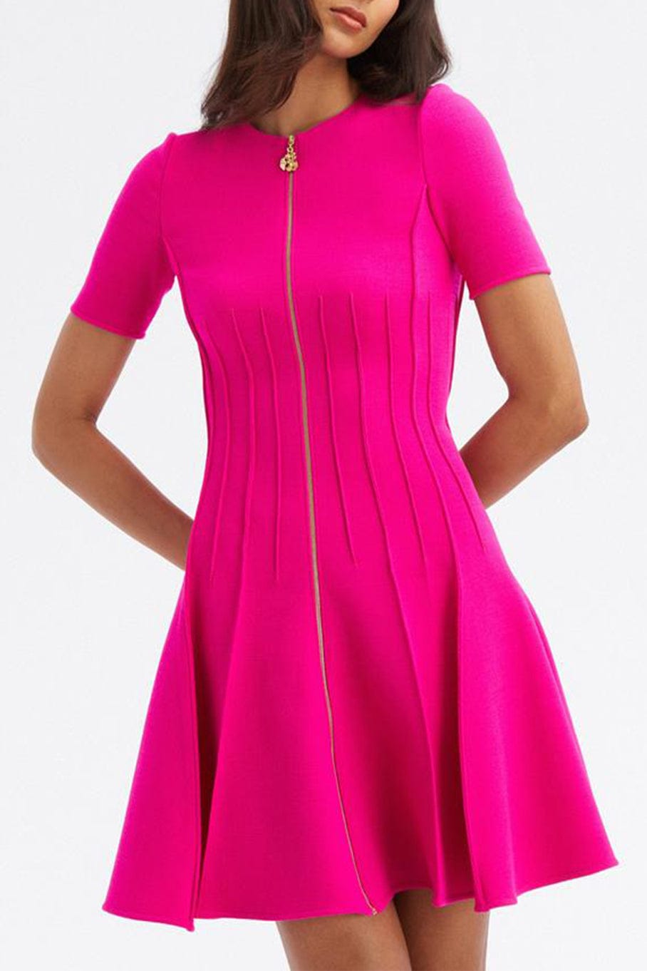 OSCAR DE LA RENTA-Short Sleeve Zip Front Pintuck Dress-CERISE