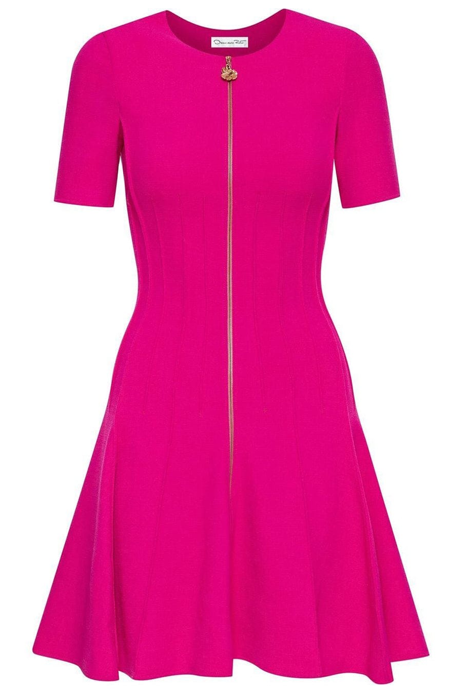 OSCAR DE LA RENTA-Short Sleeve Zip Front Pintuck Dress-CERISE