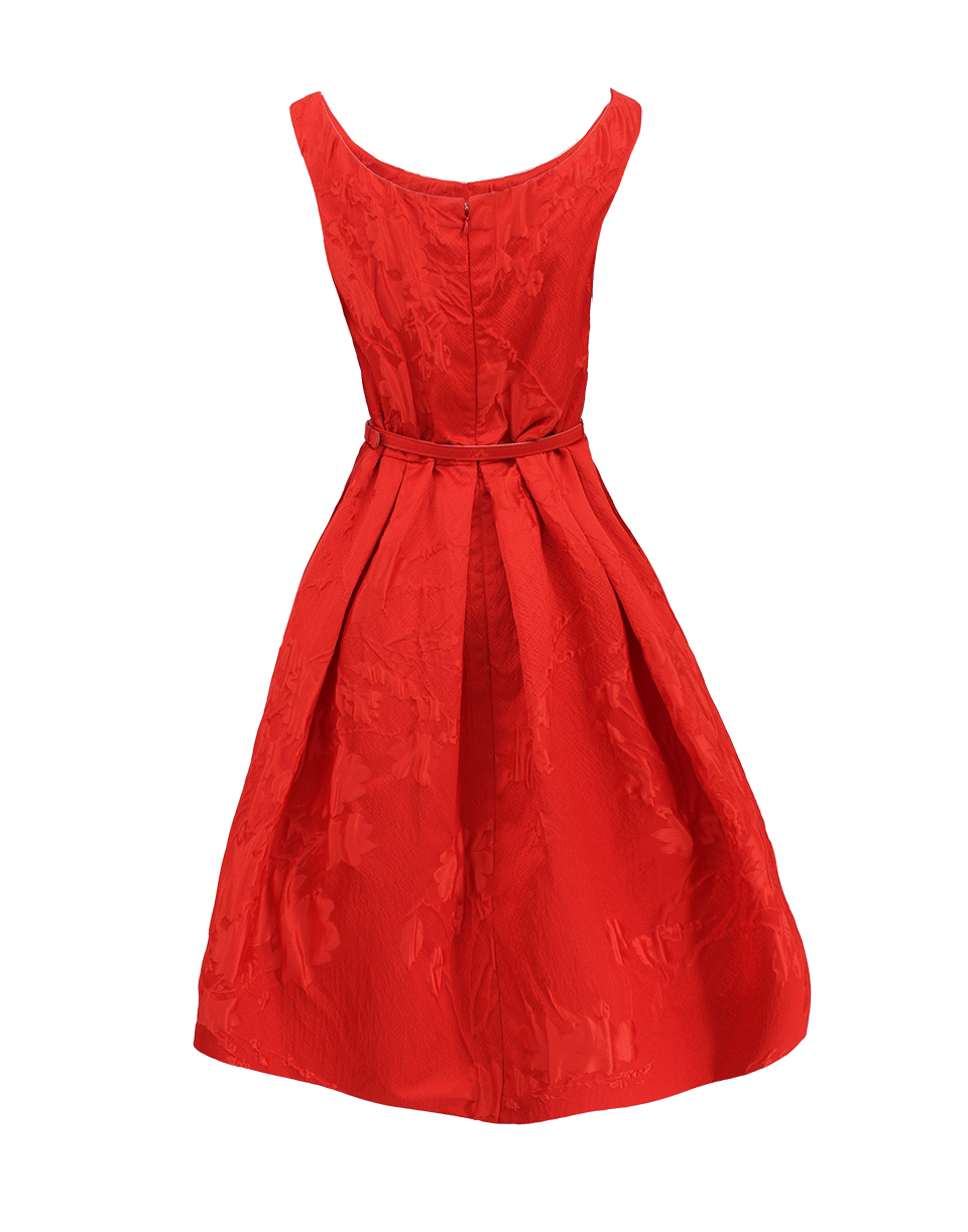 OSCAR DE LA RENTA-V-Neck Off Shoulder Belted Dress-CINNABAR