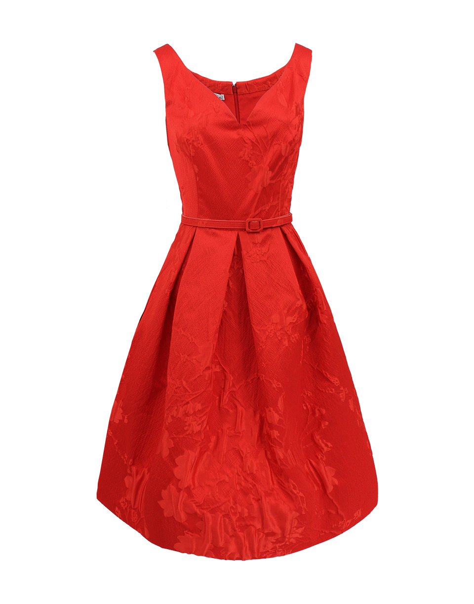 OSCAR DE LA RENTA-V-Neck Off Shoulder Belted Dress-CINNABAR