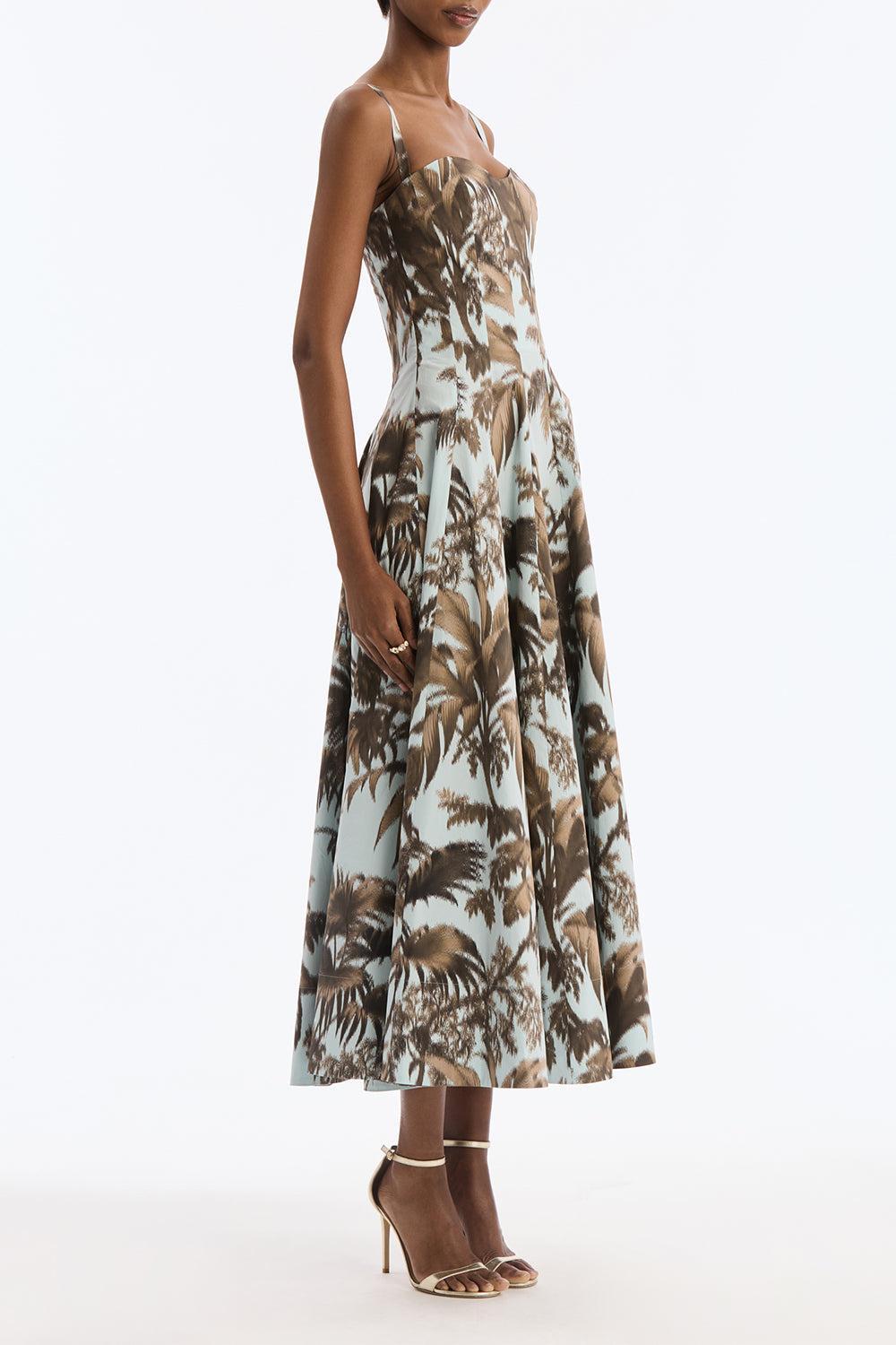 Sleeveless Large Chine Palm Leaves Day Dress-COASTAL-4-CLOTHINGDRESSCASUAL-OSCAR DE LA RENTA