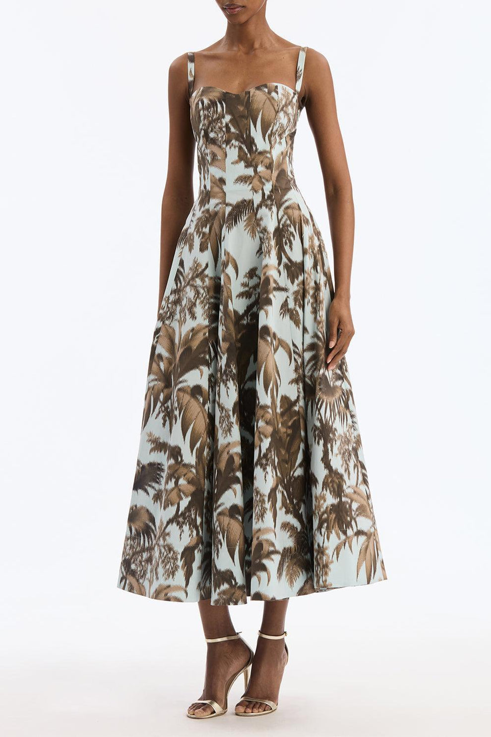 Oscar de La Renta Sleeveless Large Chine Palm Leaves Poplin Day Dress - Brown/Saltwater