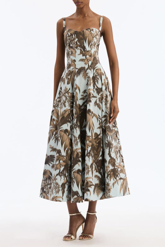 Sleeveless Large Chine Palm Leaves Day Dress-COASTAL-4-CLOTHINGDRESSCASUAL-OSCAR DE LA RENTA