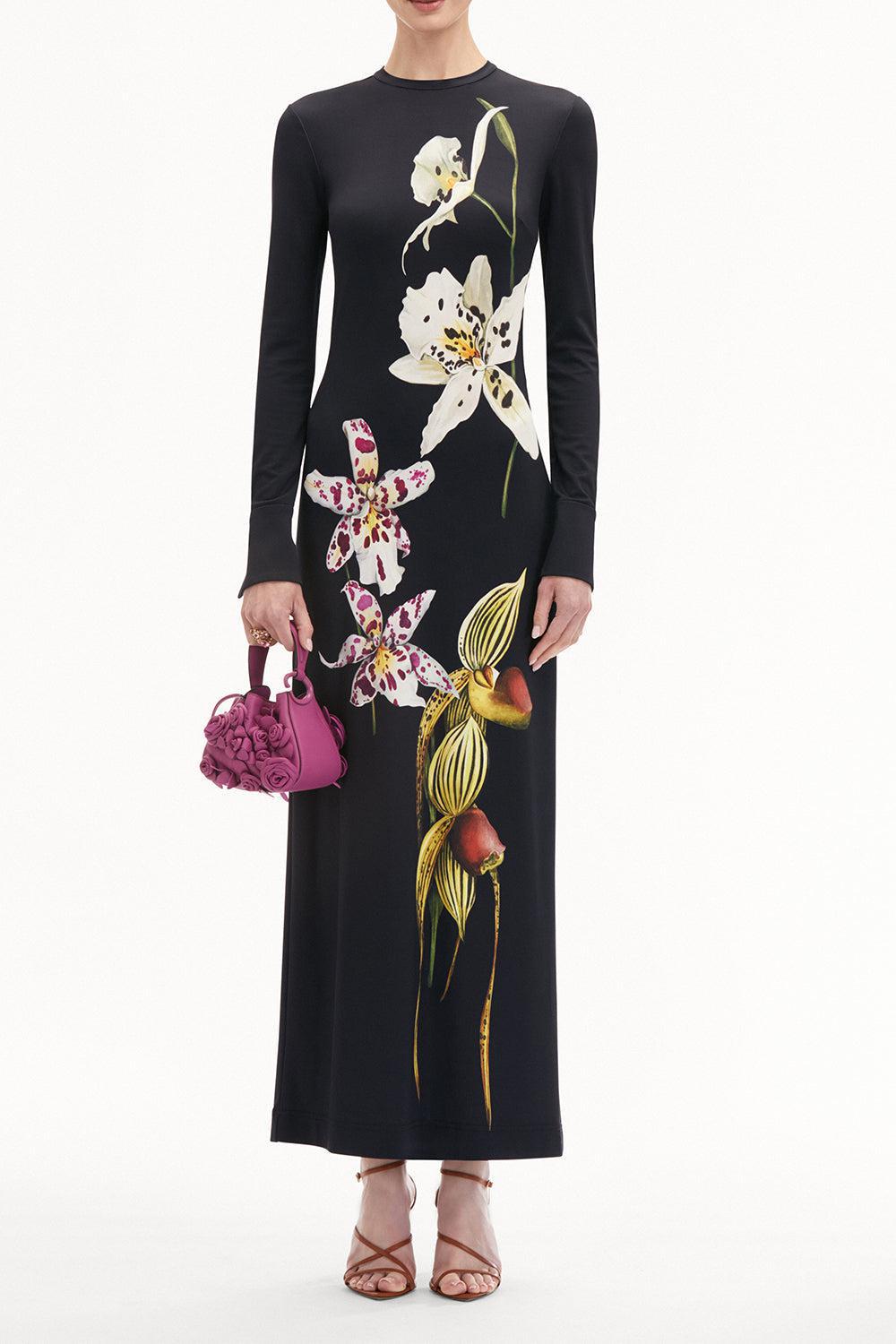 OSCAR DE LA RENTA-Long Sleeve Orchids Dress-