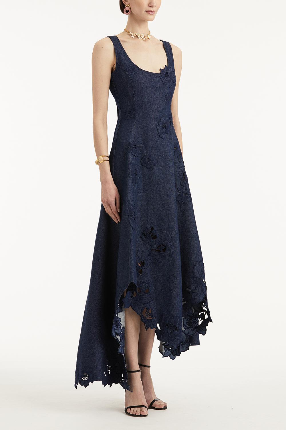 Scoop Neck Embroidered Day Dress-DARKDENM-4-CLOTHINGDRESSCASUAL-OSCAR DE LA RENTA