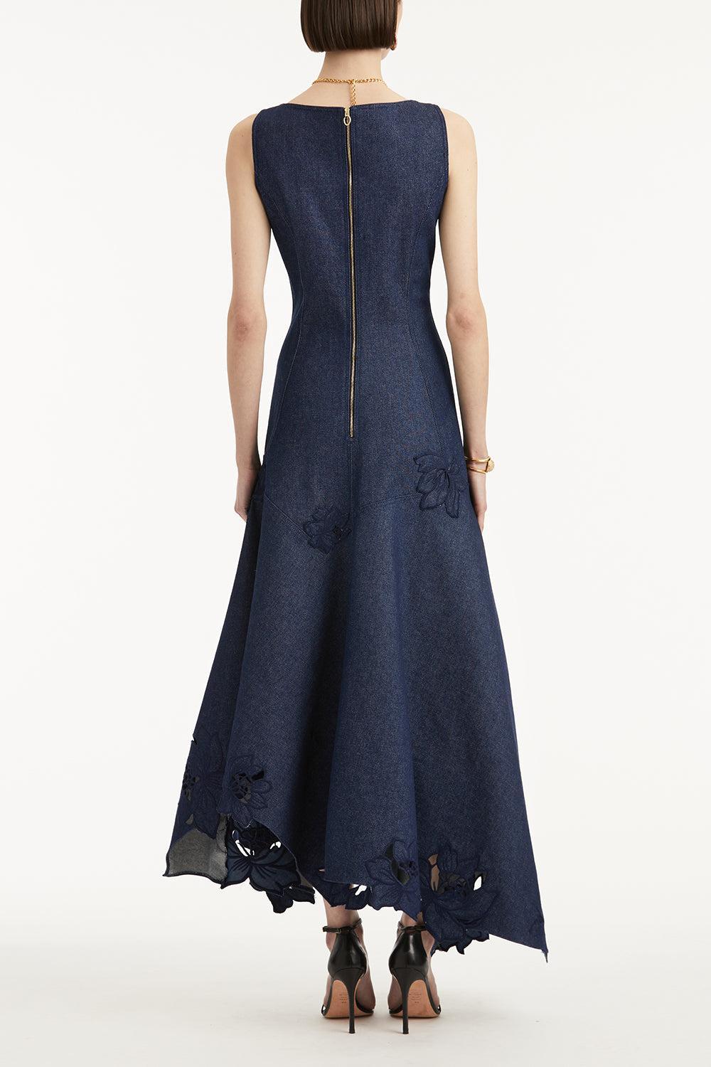 Scoop Neck Embroidered Day Dress-DARKDENM-4-CLOTHINGDRESSCASUAL-OSCAR DE LA RENTA