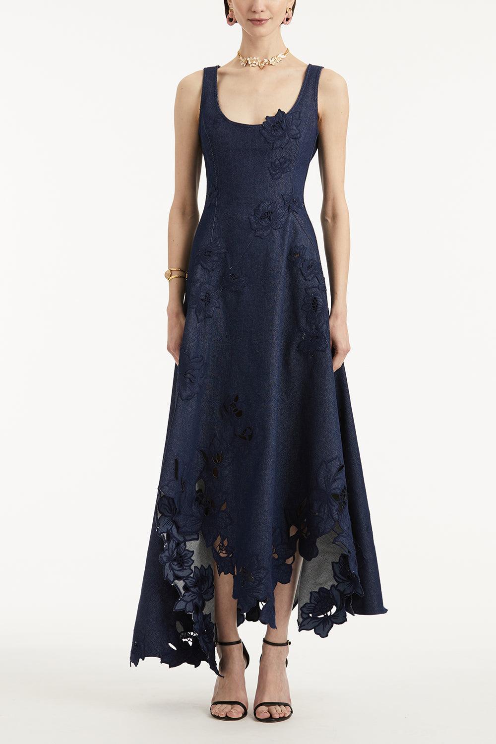 Scoop Neck Embroidered Day Dress-DARKDENM-4-CLOTHINGDRESSCASUAL-OSCAR DE LA RENTA