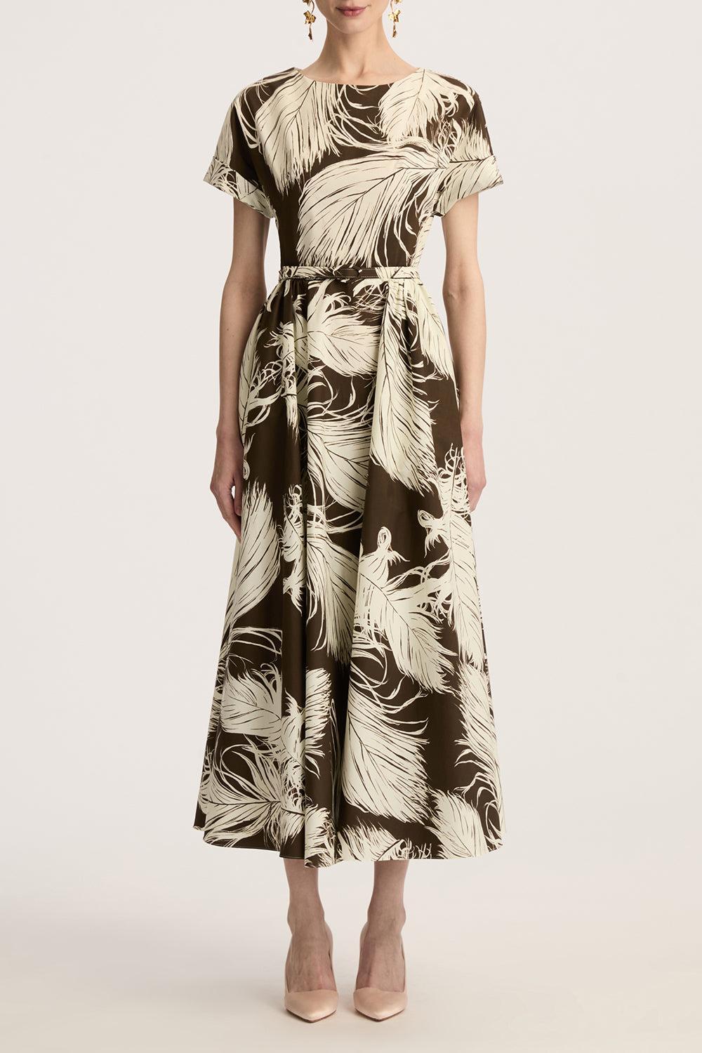 All Over Feathers Poplin Dress-ECRDKBRN-6-CLOTHINGDRESSCASUAL-OSCAR DE LA RENTA