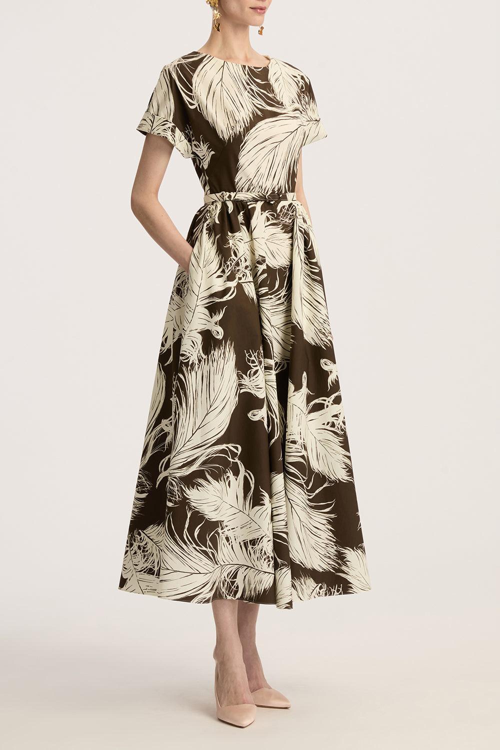 All Over Feathers Poplin Dress-ECRDKBRN-6-CLOTHINGDRESSCASUAL-OSCAR DE LA RENTA