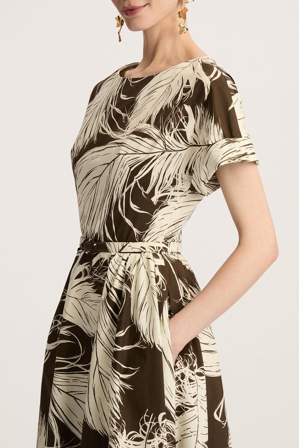 All Over Feathers Poplin Dress-ECRDKBRN-6-CLOTHINGDRESSCASUAL-OSCAR DE LA RENTA
