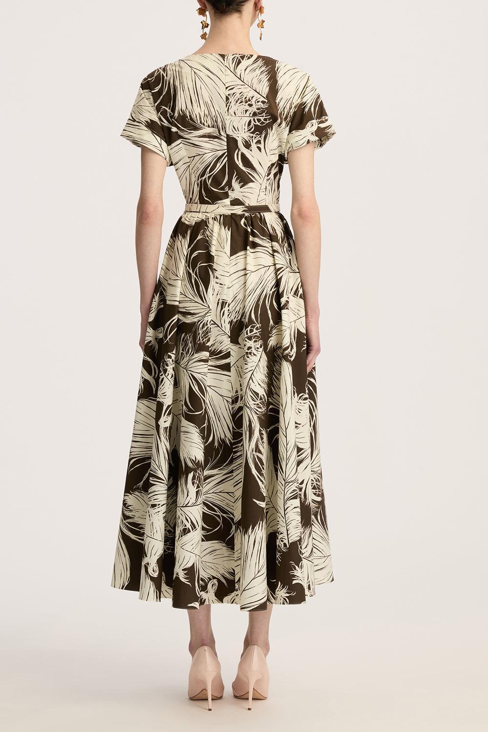 All Over Feathers Poplin Dress-ECRDKBRN-6-CLOTHINGDRESSCASUAL-OSCAR DE LA RENTA