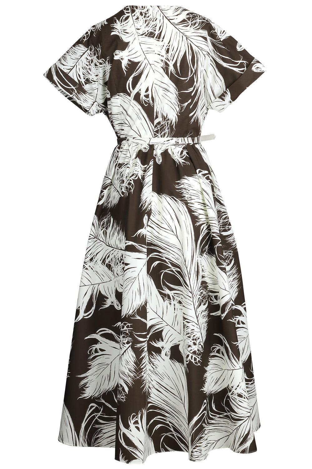 All Over Feathers Poplin Dress-ECRDKBRN-6-CLOTHINGDRESSCASUAL-OSCAR DE LA RENTA