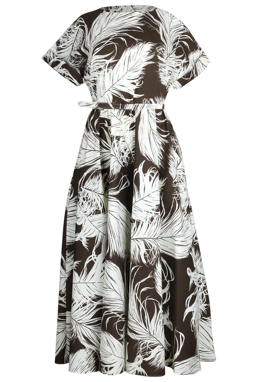 All Over Feathers Poplin Dress-ECRDKBRN-6-CLOTHINGDRESSCASUAL-OSCAR DE LA RENTA