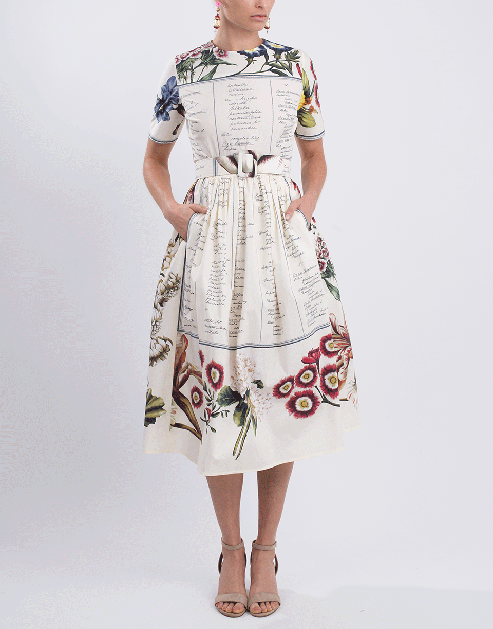 OSCAR DE LA RENTA-Short Sleeve Printed Cotton Full Bottom Dress-