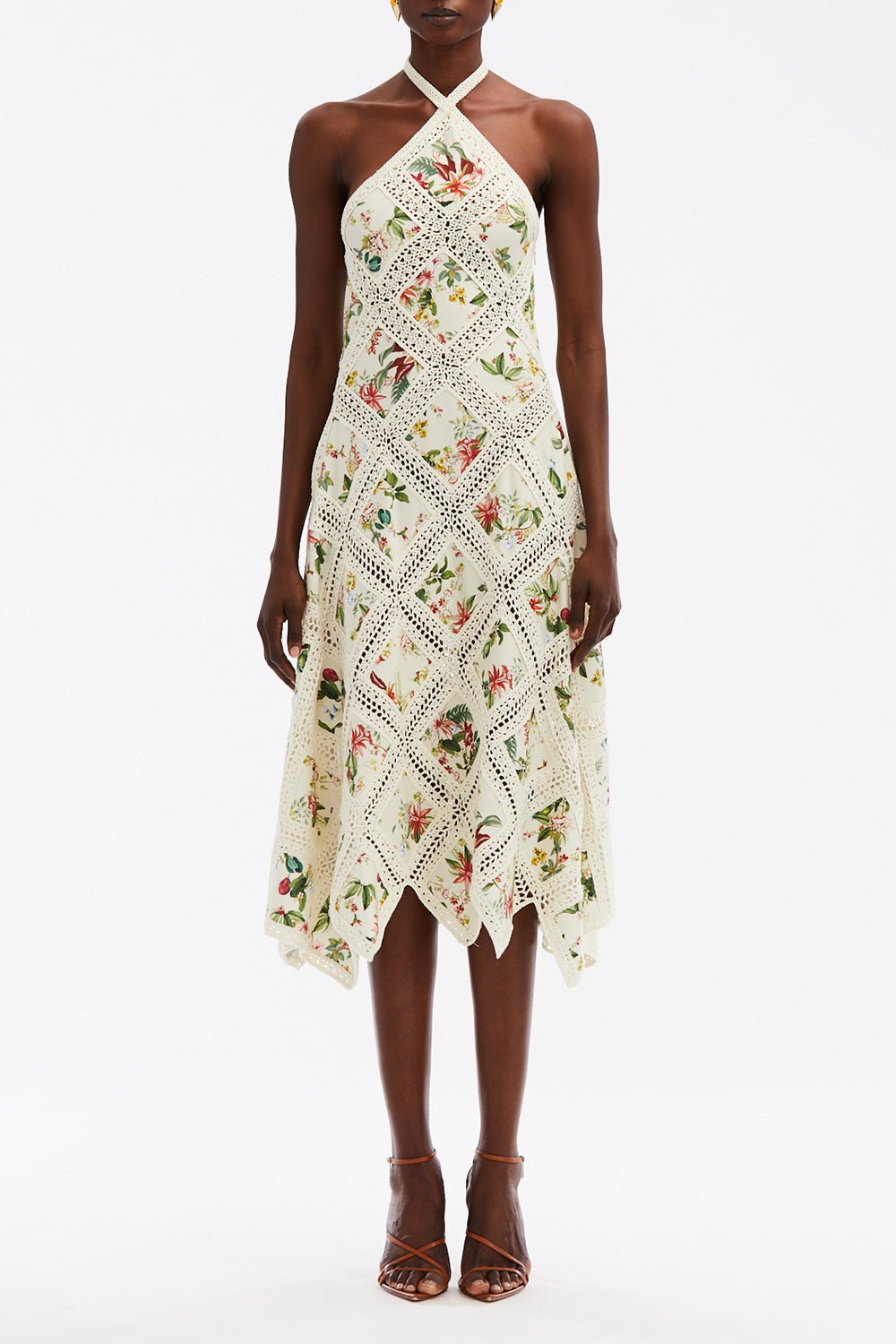 OSCAR DE LA RENTA-Halter Floral Midi Dress-