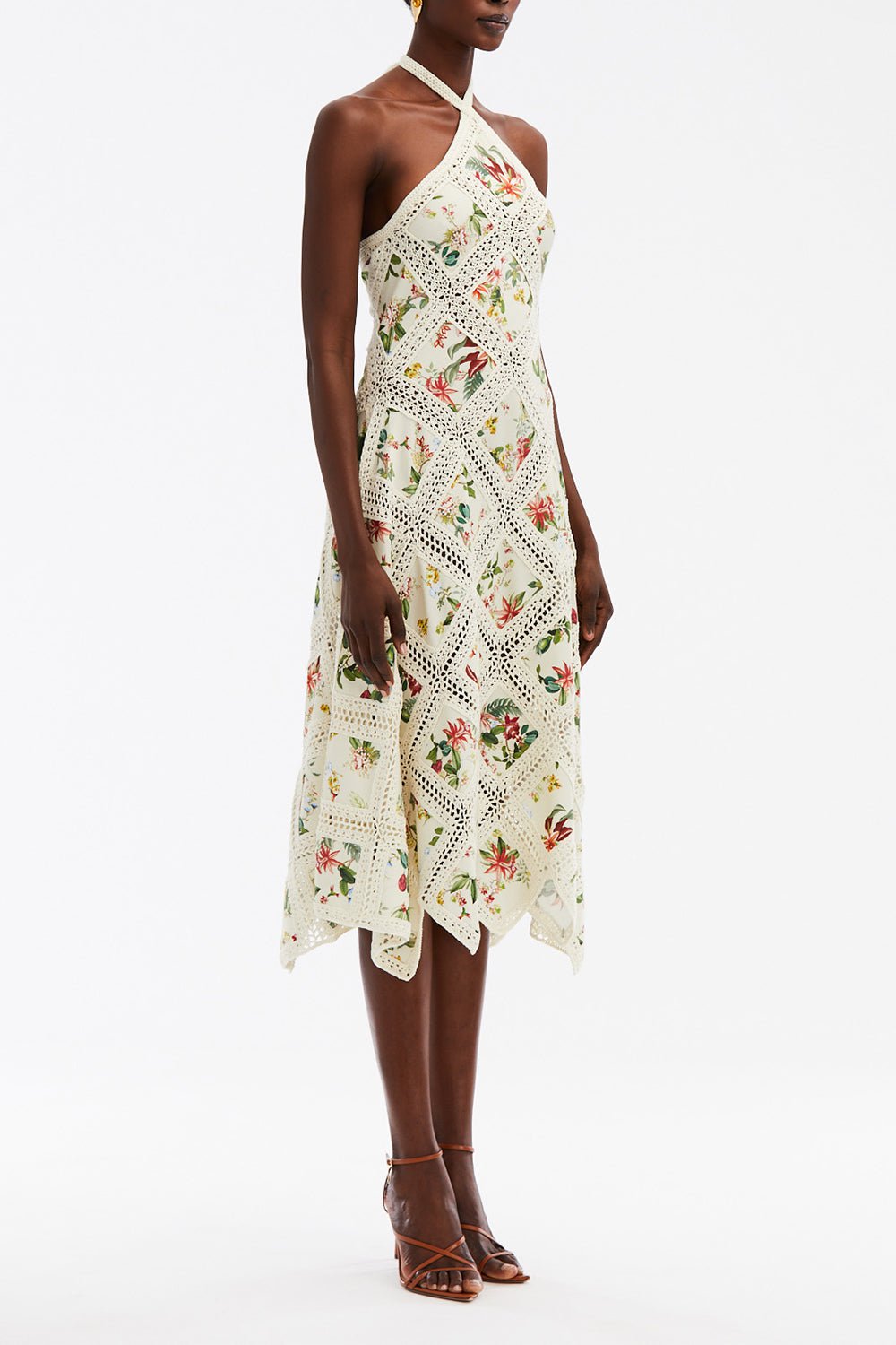 OSCAR DE LA RENTA-Halter Floral Midi Dress-