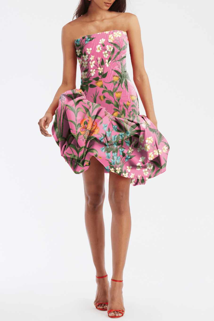 OSCAR DE LA RENTA-Floral Tap Draped Skirt Cocktail Dress-FRCHPINK