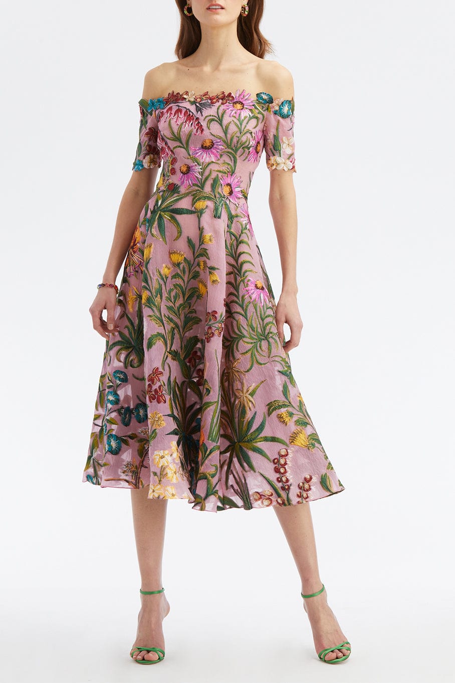 OSCAR DE LA RENTA-Off Shoulder Floral Tap Fil Coupe Dress-