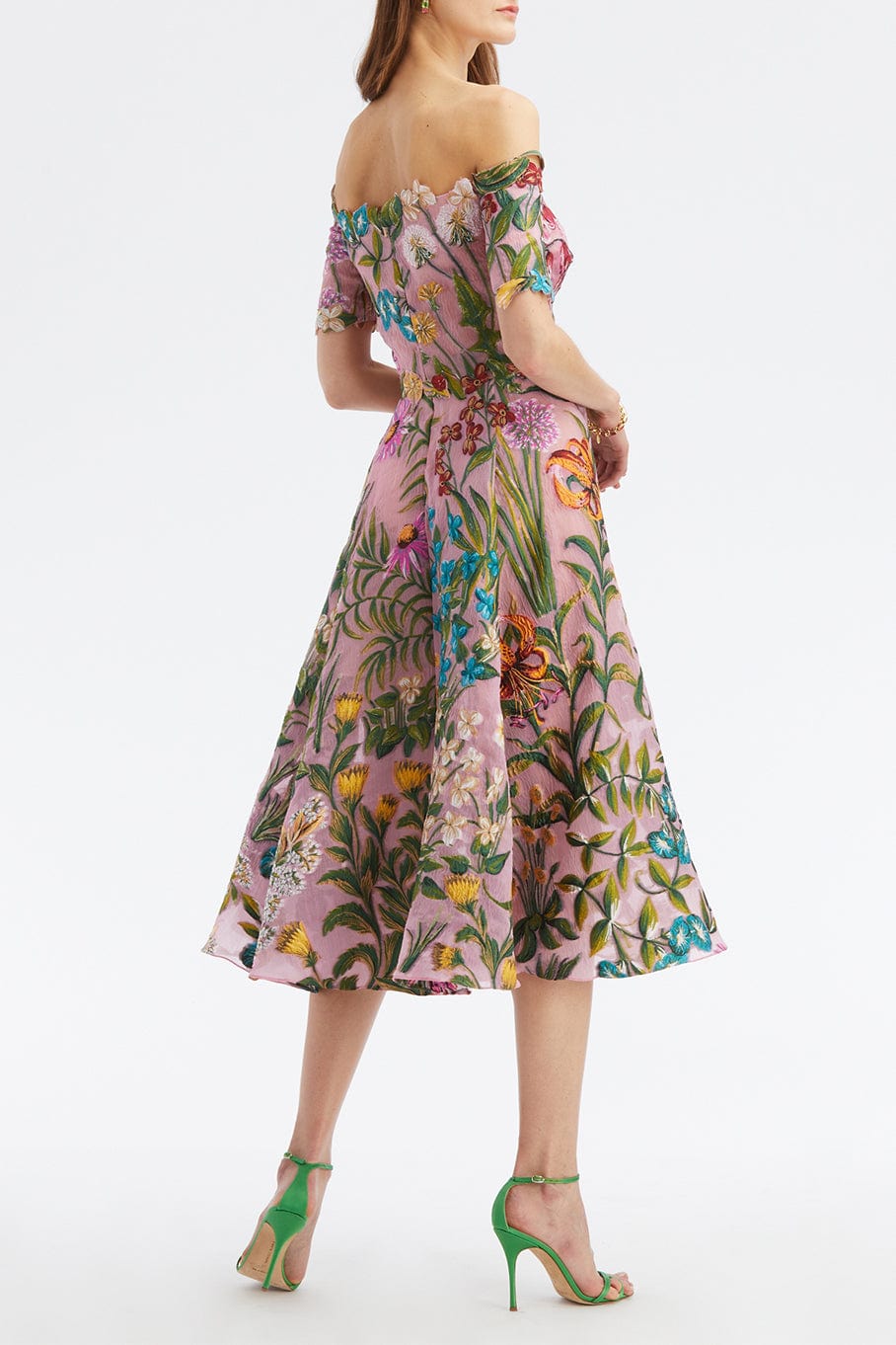 OSCAR DE LA RENTA-Off Shoulder Floral Tap Fil Coupe Dress-