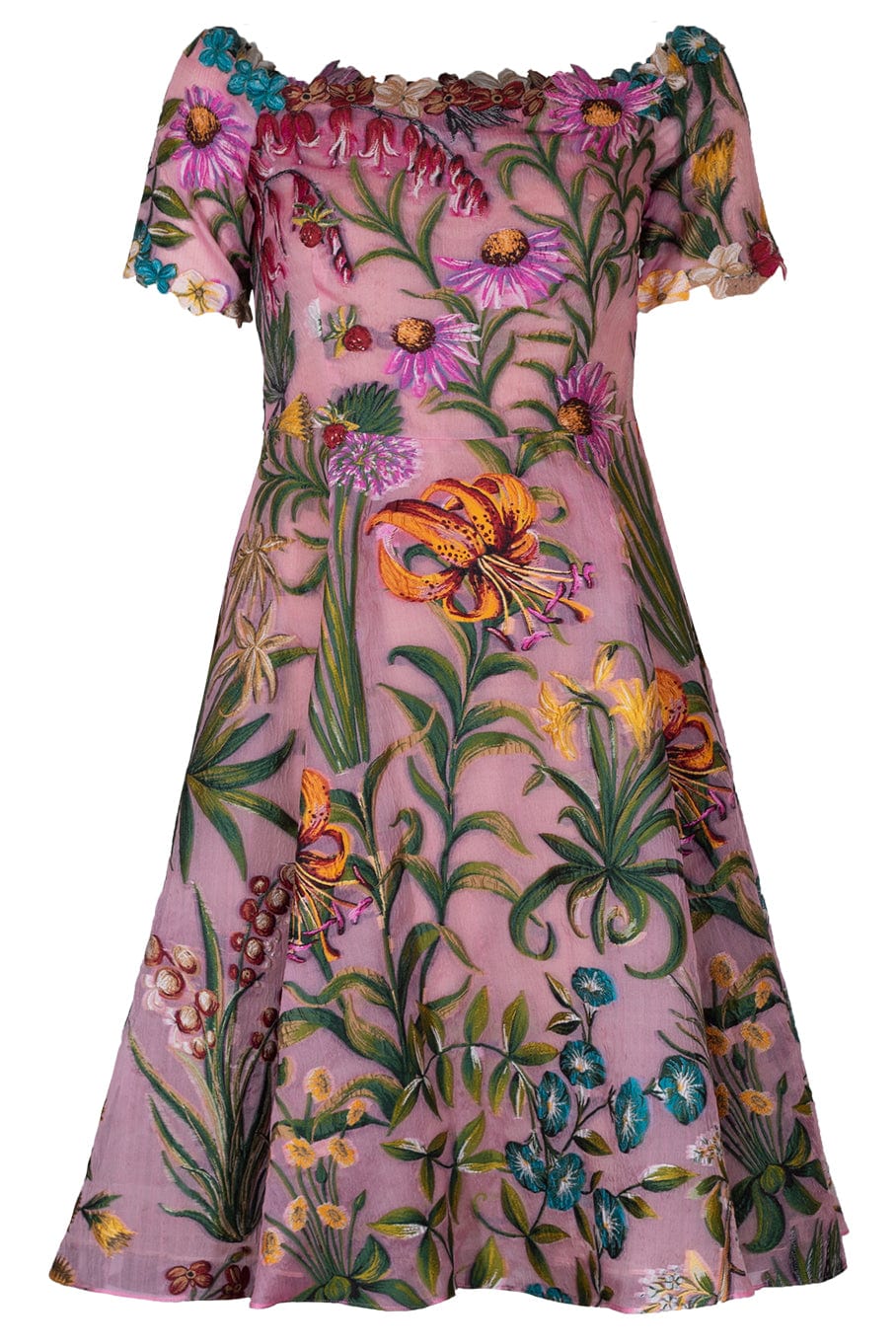 OSCAR DE LA RENTA-Off Shoulder Floral Tap Fil Coupe Dress-
