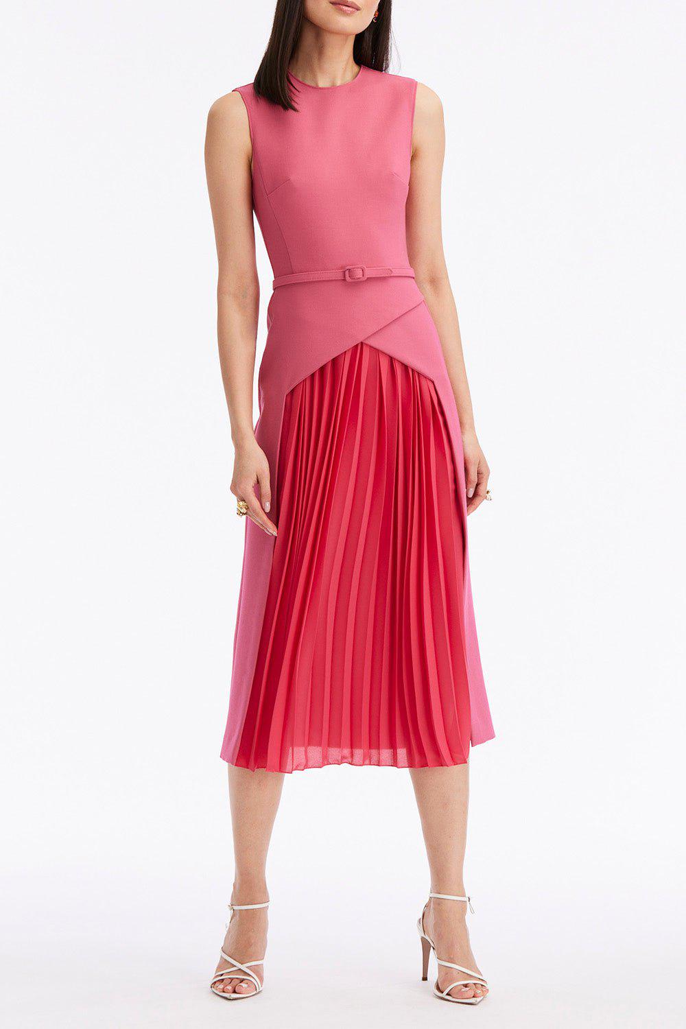 OSCAR DE LA RENTA-Pleated Skirt Stretch Dress - Geranium-GERNIUM