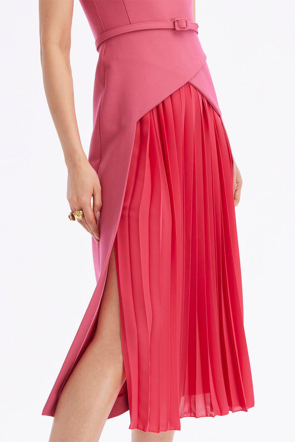 OSCAR DE LA RENTA-Pleated Skirt Stretch Dress - Geranium-GERNIUM