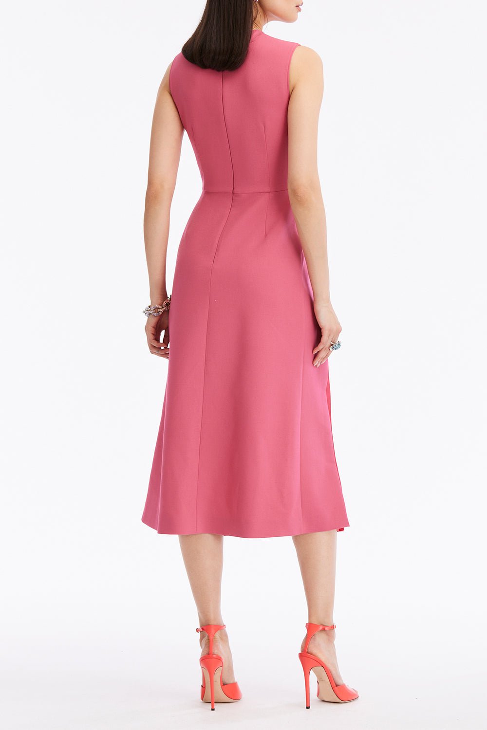 OSCAR DE LA RENTA-Pleated Skirt Stretch Dress - Geranium-GERNIUM