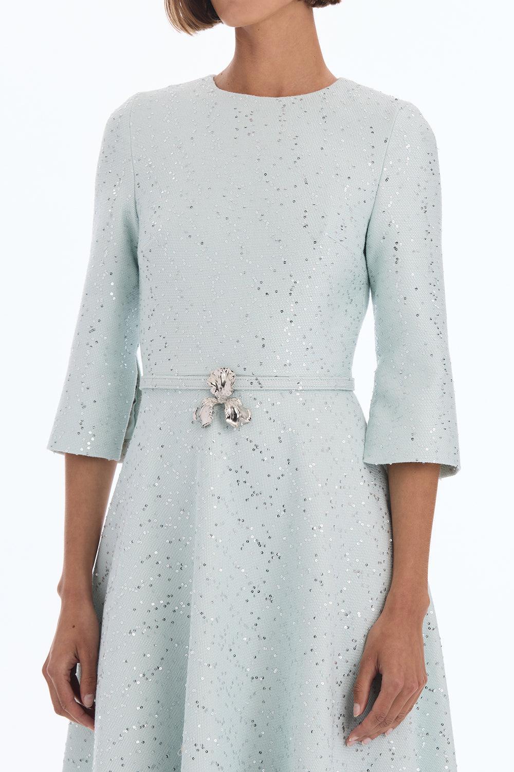 Midi Sleeve Sequin Tweed Day Dress-GREEN-6-CLOTHINGDRESSCASUAL-OSCAR DE LA RENTA