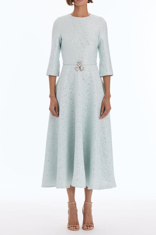 Midi Sleeve Sequin Tweed Day Dress-GREEN-6-CLOTHINGDRESSCASUAL-OSCAR DE LA RENTA