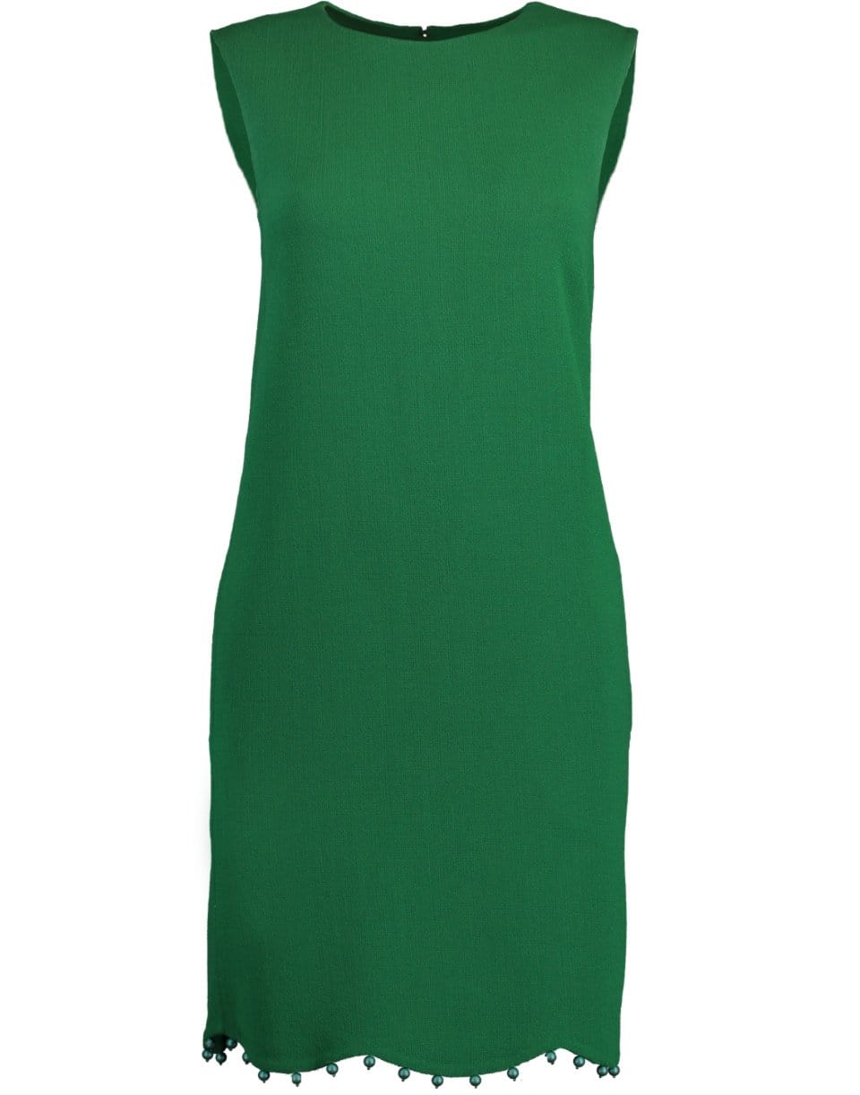OSCAR DE LA RENTA-Hunter Green Ball Trim Sleeveless Shift Dress-