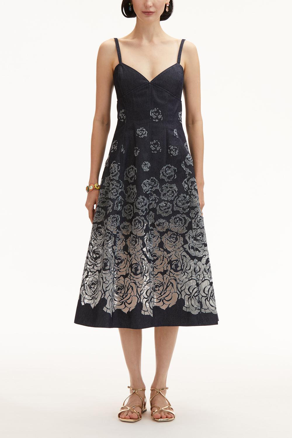 Rose Seam Detail Dress-INDIGO-4-CLOTHINGDRESSCASUAL-OSCAR DE LA RENTA