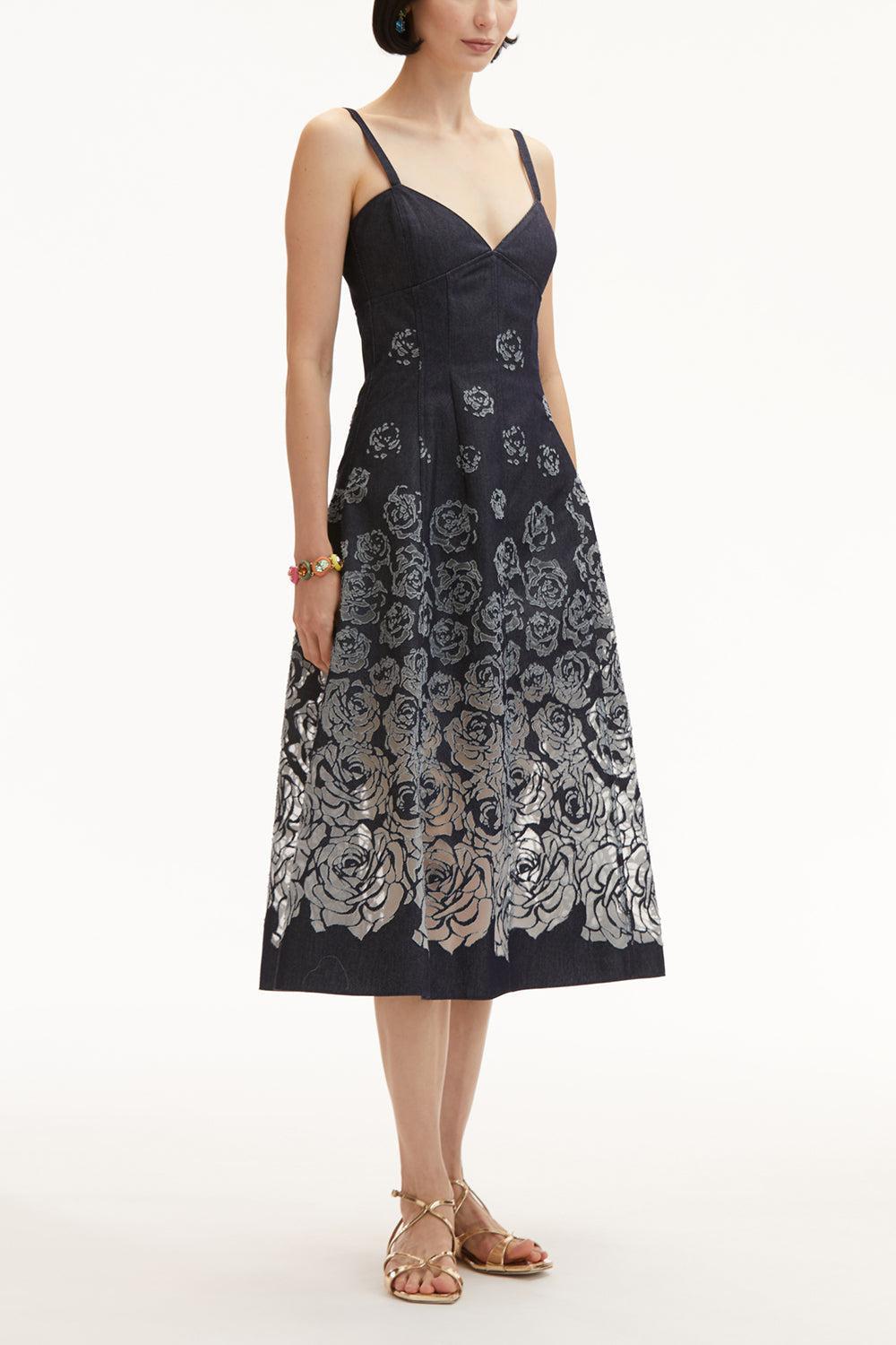Rose Seam Detail Dress-INDIGO-4-CLOTHINGDRESSCASUAL-OSCAR DE LA RENTA