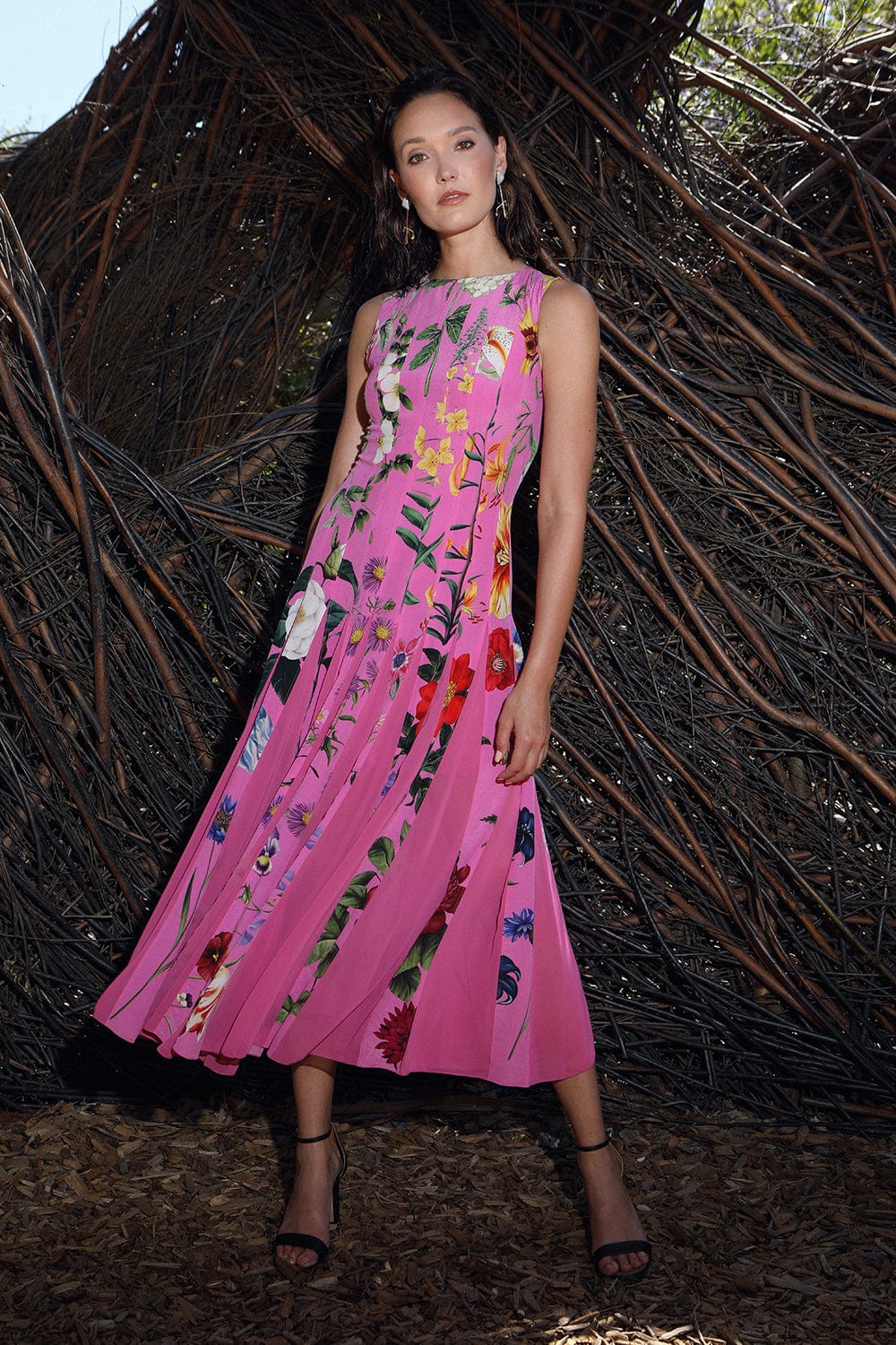 OSCAR DE LA RENTA-Sleeveless Floral Print Inset Dress-