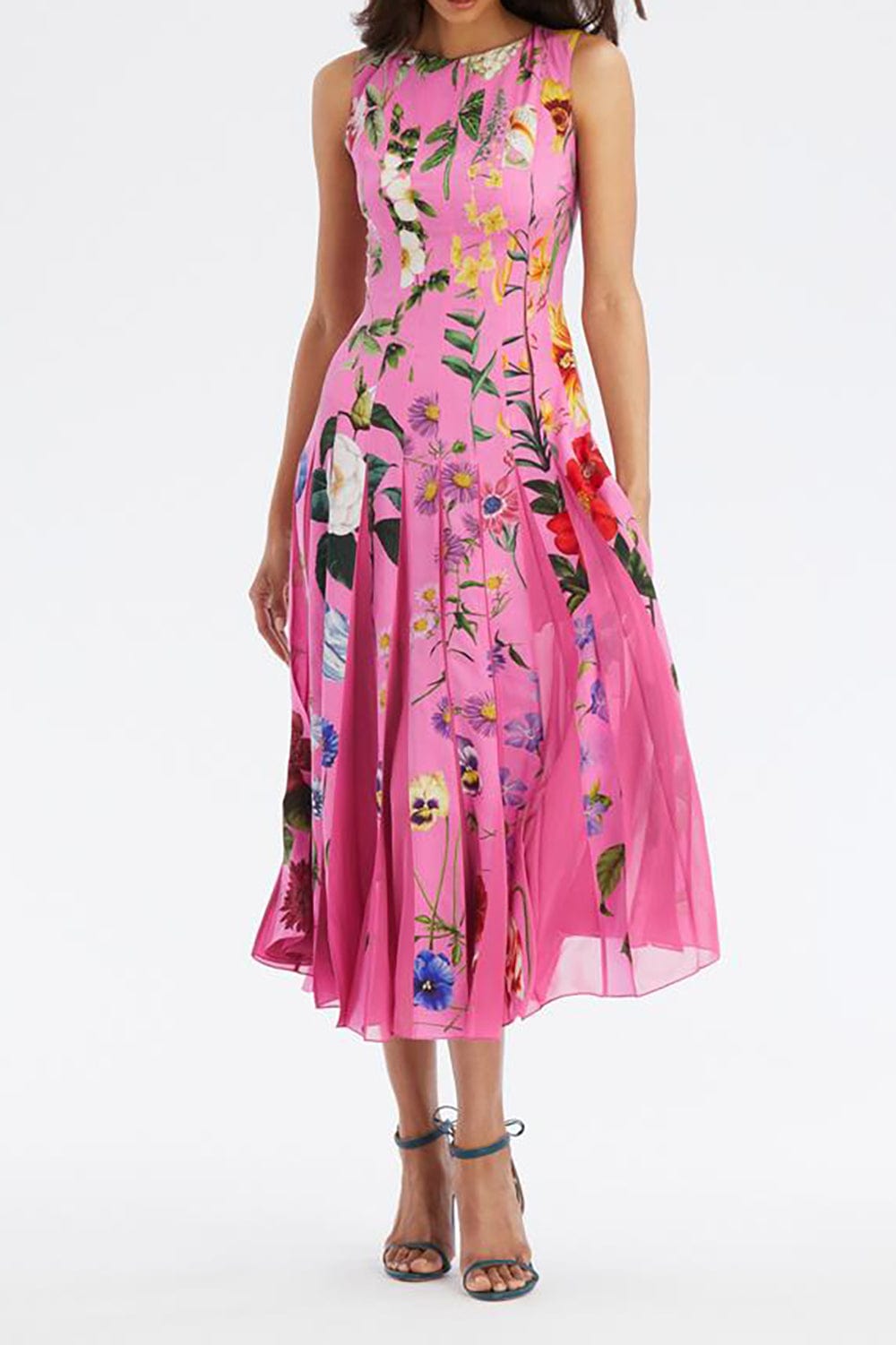 OSCAR DE LA RENTA-Sleeveless Floral Print Inset Dress-