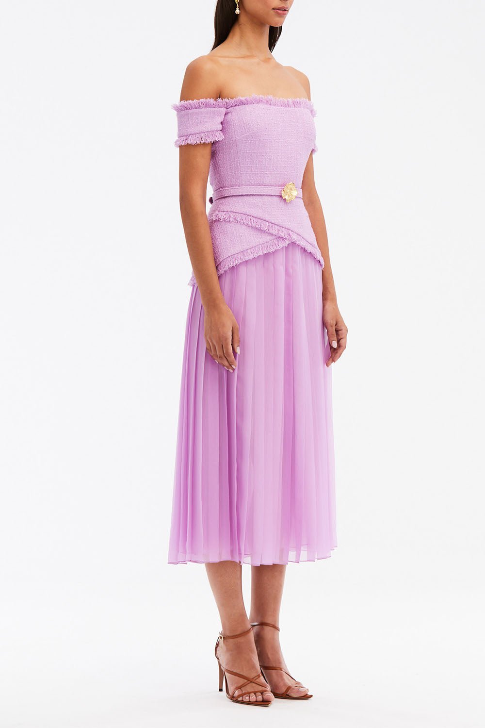 OSCAR DE LA RENTA-Off The Shoulder Flower Belt Dress-