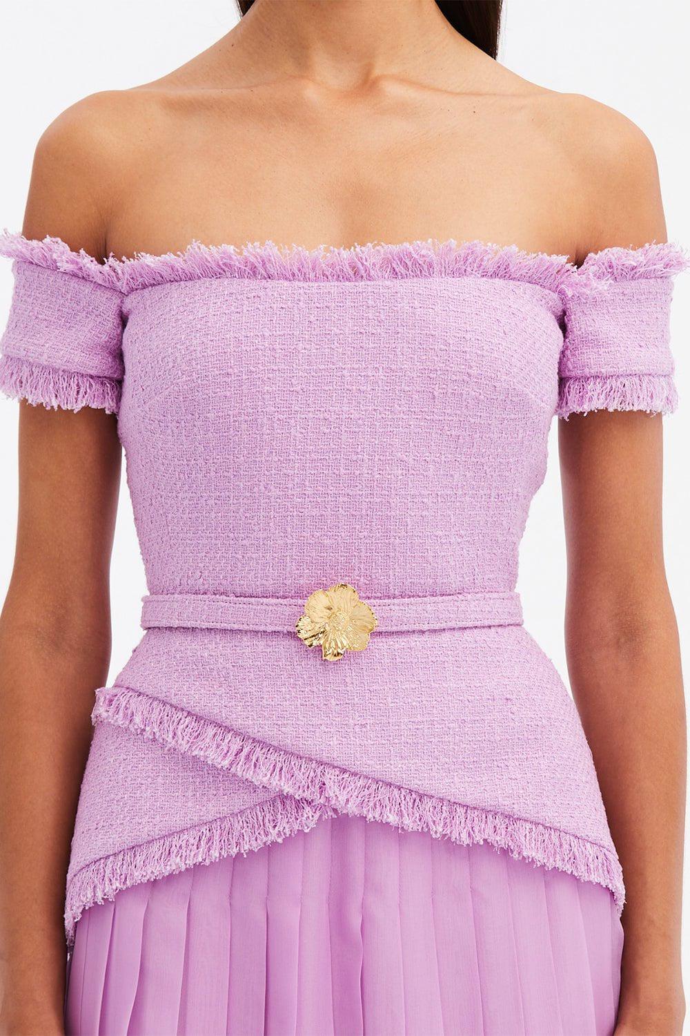 OSCAR DE LA RENTA-Off The Shoulder Flower Belt Dress-