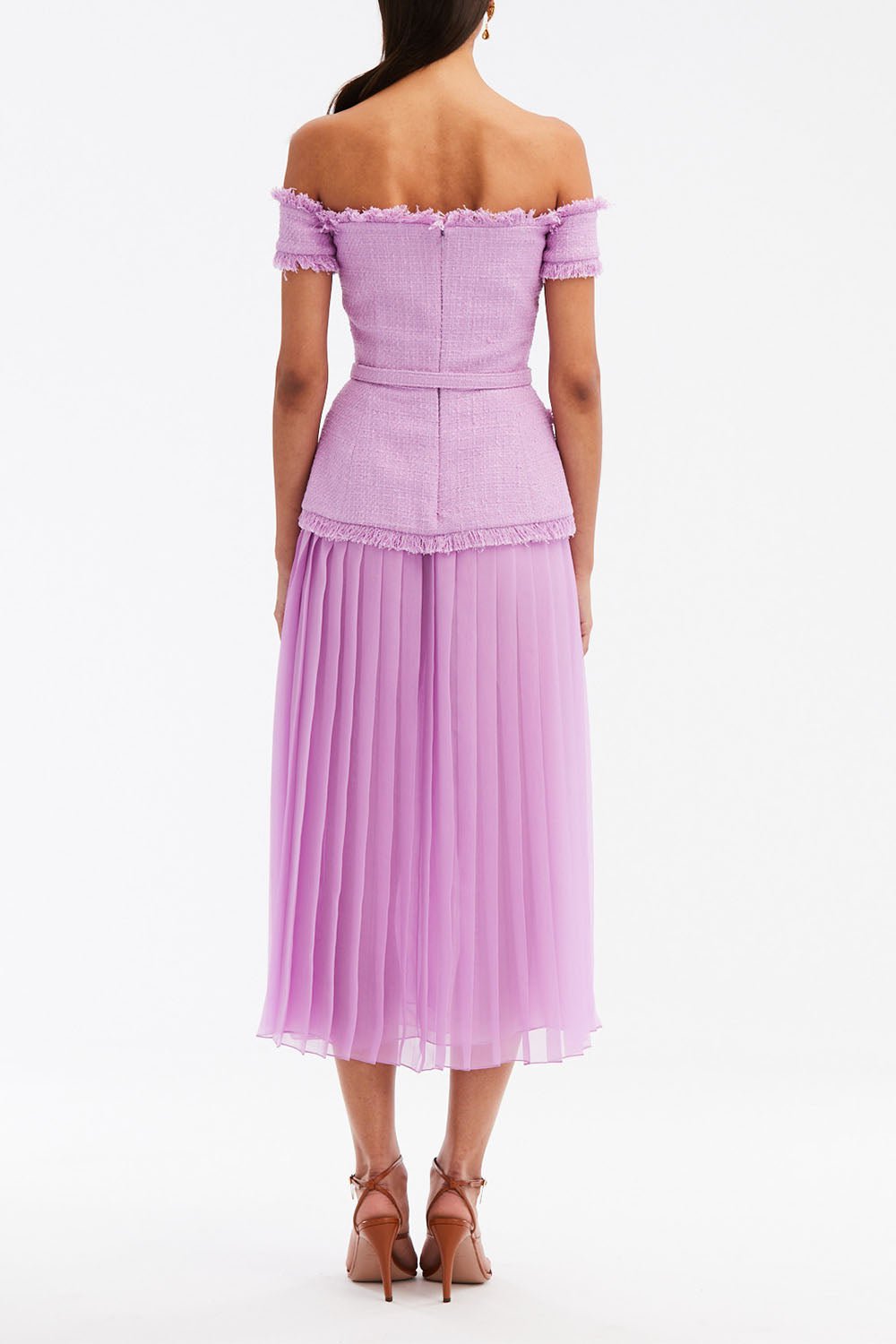 OSCAR DE LA RENTA-Off The Shoulder Flower Belt Dress-