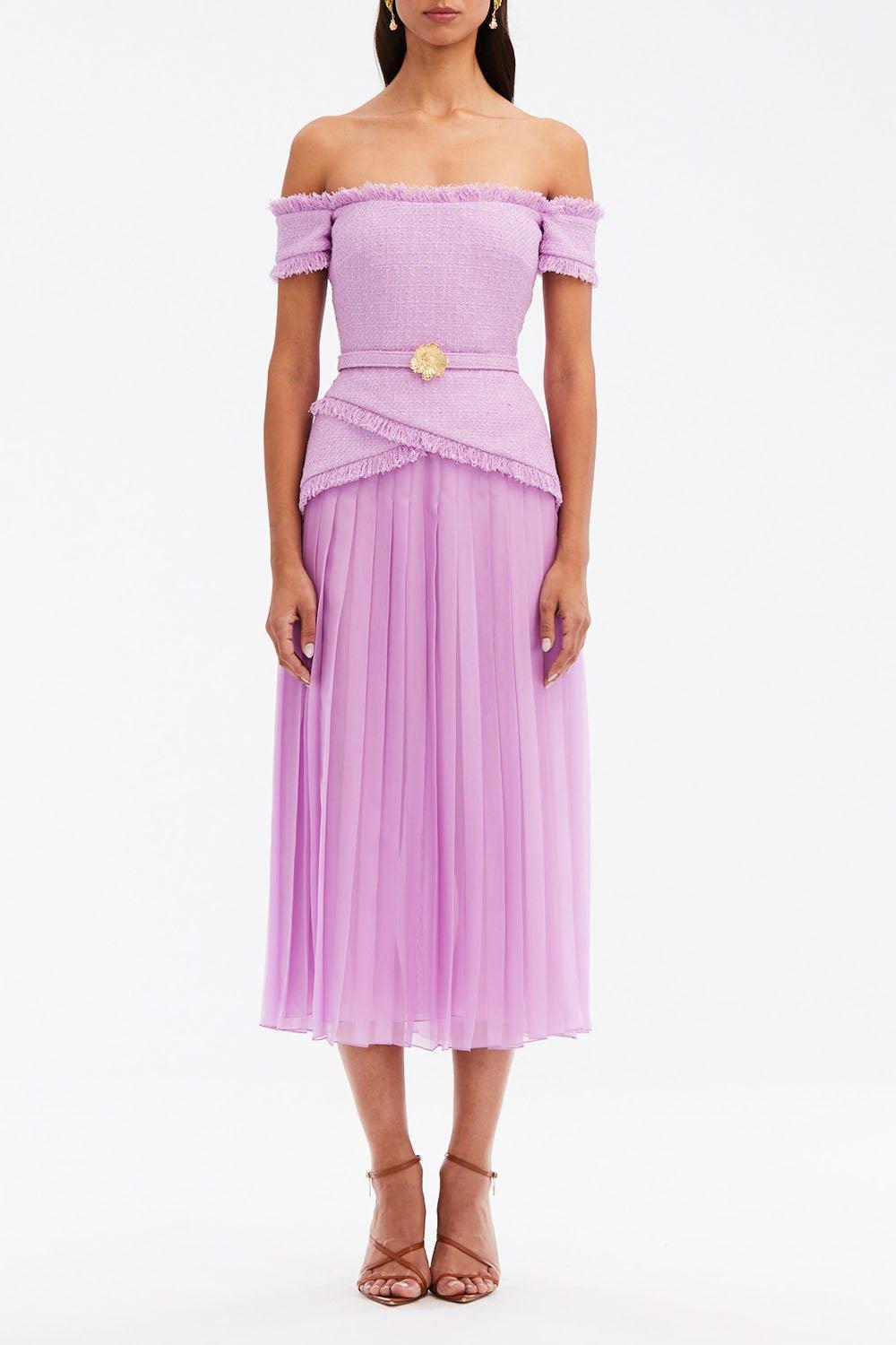OSCAR DE LA RENTA-Off The Shoulder Flower Belt Dress-