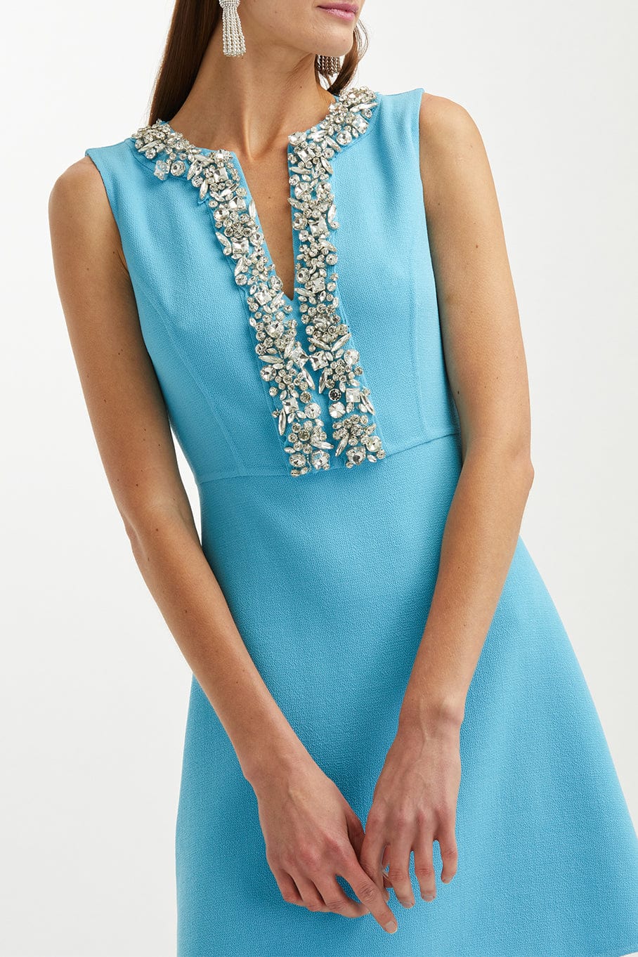 OSCAR DE LA RENTA-Sleeveless V Neck Crystal Embroidered Dress-