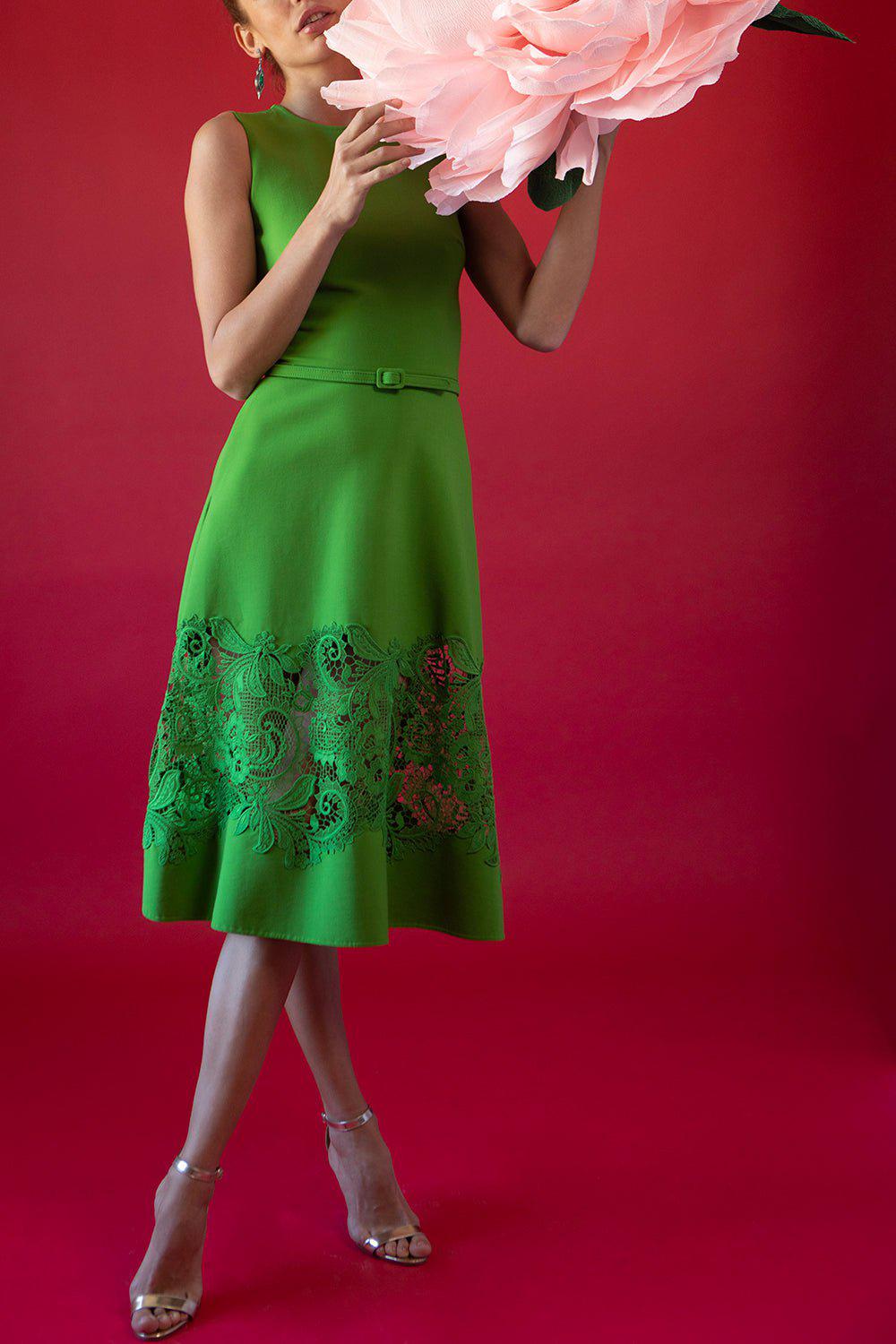 OSCAR DE LA RENTA-Sleeveless Lace Inset Dress-