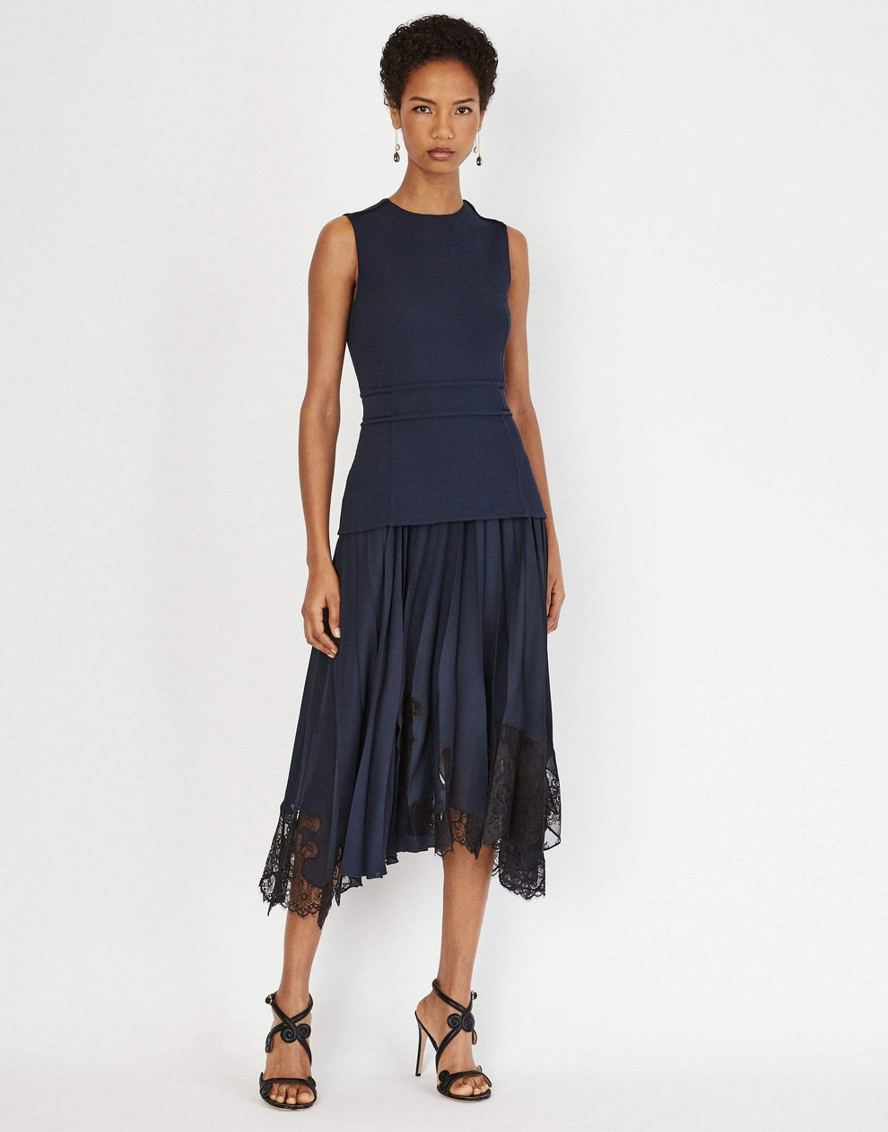 Navy Fitted Top and Silk Lace Insert Skirt Dress | OSCAR DE LA RENTA   Marissa Collections