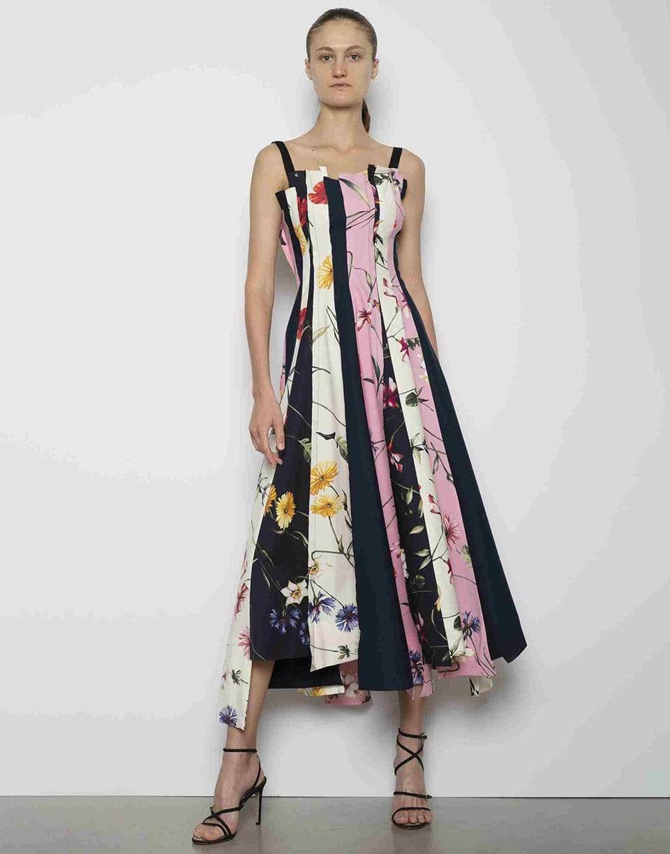 OSCAR DE LA RENTA-Square Neck Floral Midi Dress-NAVY