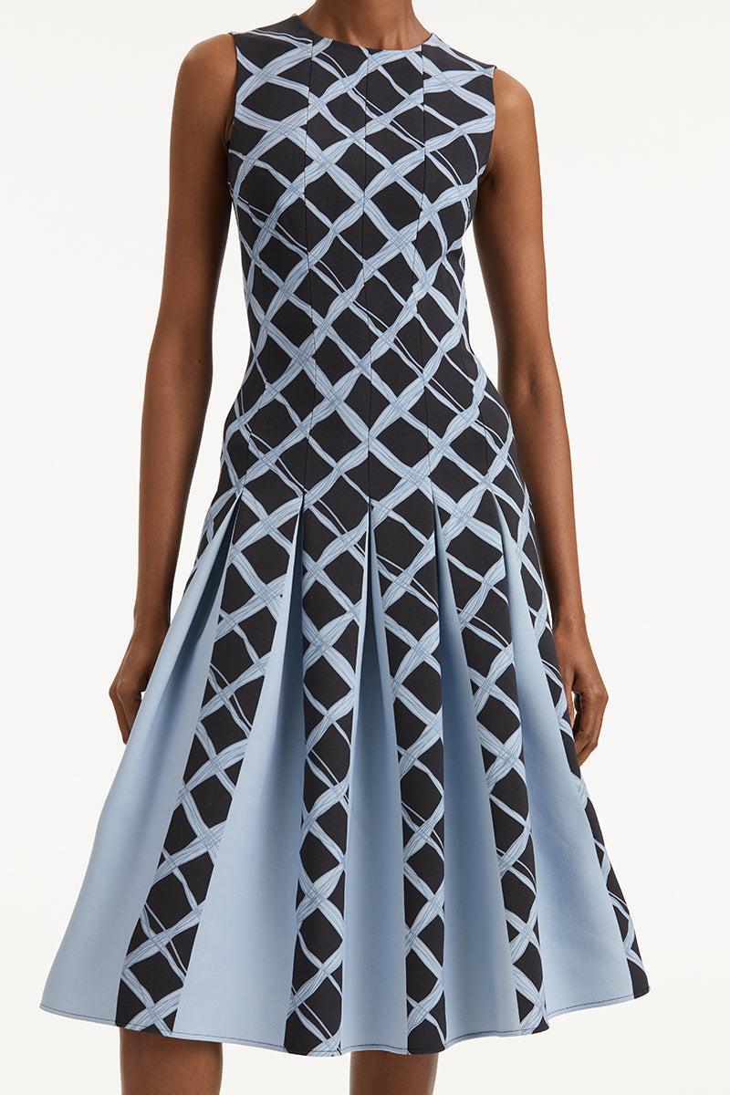 Wavy Plaid Double Face Wool Day Dress-NVY/BLUE-6-CLOTHINGDRESSCASUAL-OSCAR DE LA RENTA