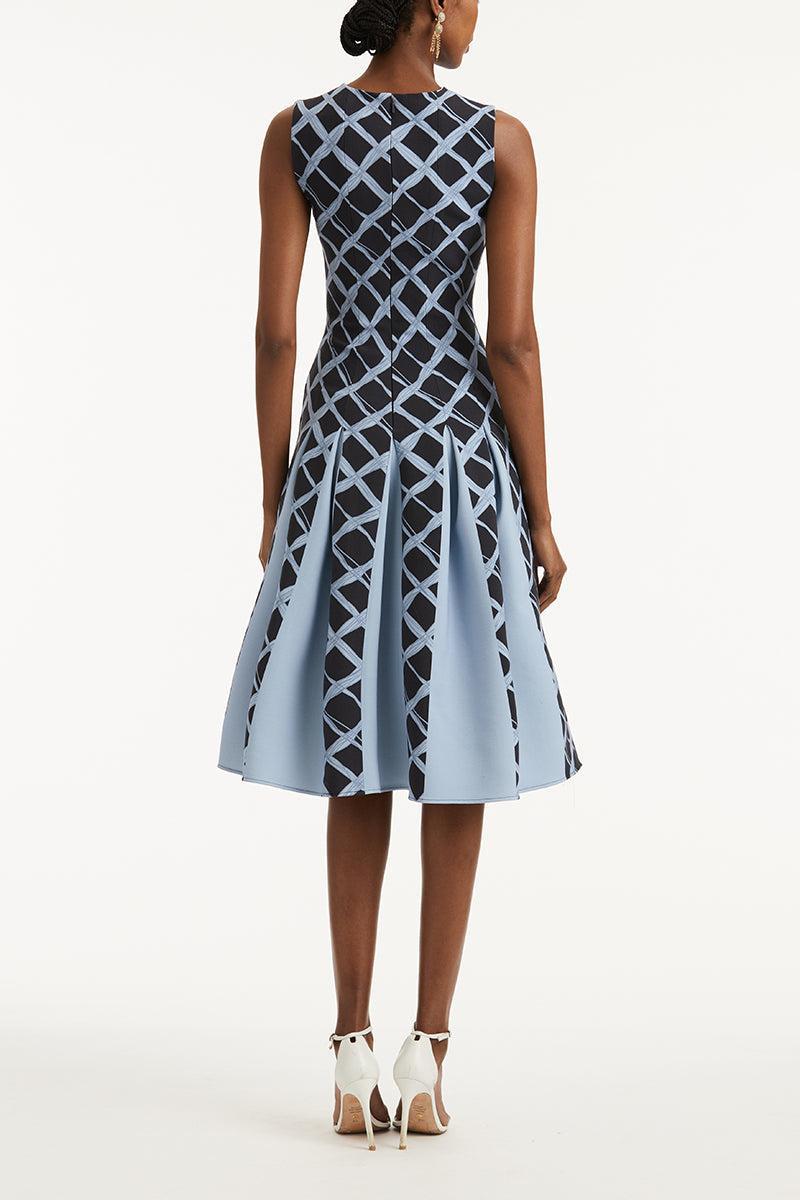 Wavy Plaid Double Face Wool Day Dress-NVY/BLUE-6-CLOTHINGDRESSCASUAL-OSCAR DE LA RENTA