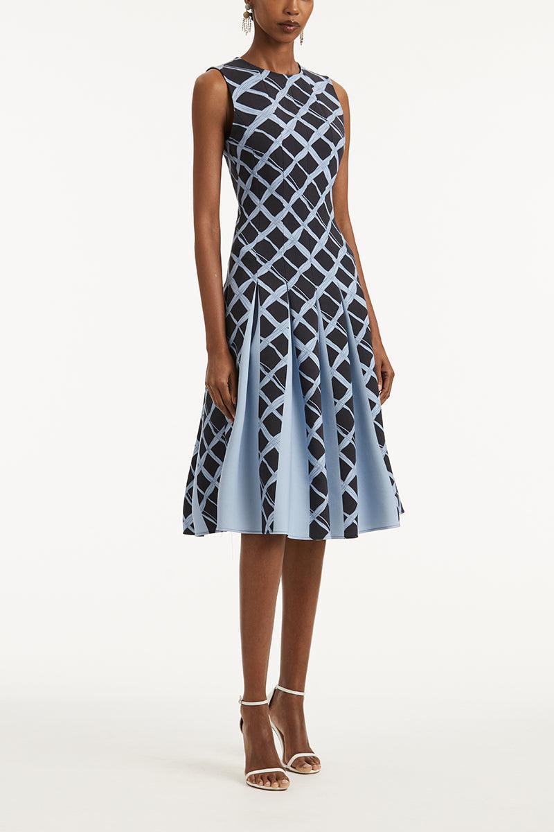 Wavy Plaid Double Face Wool Day Dress-NVY/BLUE-6-CLOTHINGDRESSCASUAL-OSCAR DE LA RENTA