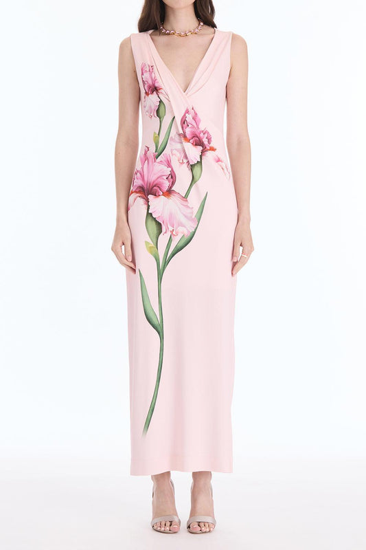 Sleeveless Draped Painted Iris Day Dress-PINK-4-CLOTHINGDRESSCASUAL-OSCAR DE LA RENTA