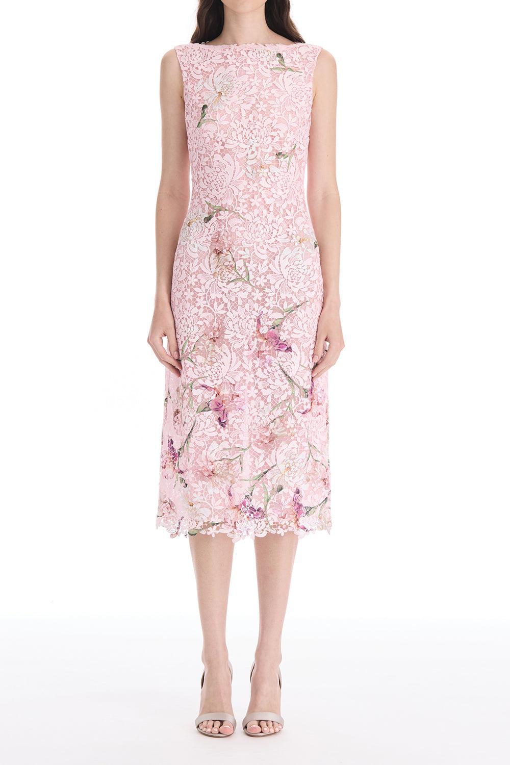  Cape Sleeve Painted Iris Lace Day Dress-PINK-6-CLOTHINGDRESSCASUAL-OSCAR DE LA RENTA 